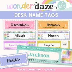 Op de afbeelding: Een verzameling kleurrijke bureaublad-naamlabels met de tekst "wonderdaze" en "DESK NAME TAGS". De labels bevatten namen als "Clementine", "Dominic", "Micah", "Norah", "Leonardo", "Sophia", "Emilia" en "Jackson". Het ontwerp bevat een regenboog en de woorden "INSTANT DOWNLOAD • EDITABLE".