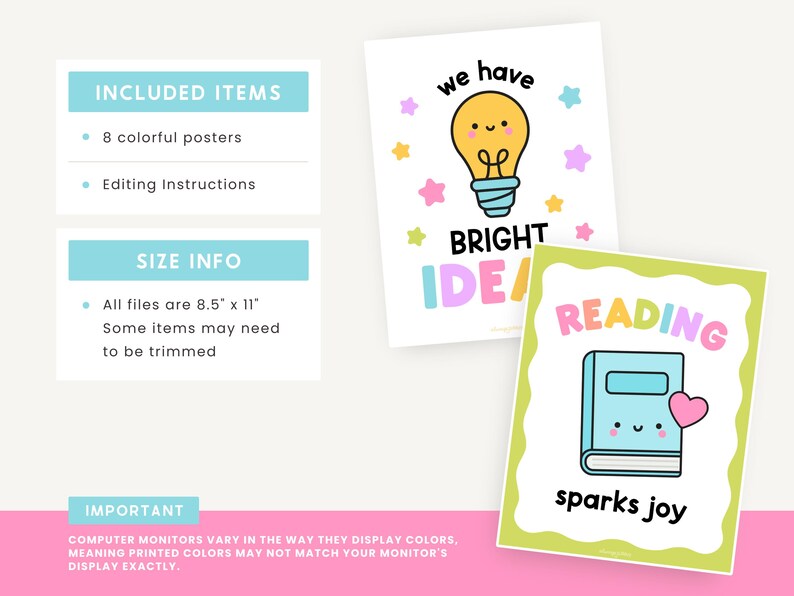 Puede incluir: Ocho carteles coloridos con ilustraciones y texto. Los carteles miden 8,5 pulgadas por 11 pulgadas y es posible que deban recortarse. Los carteles incluyen frases como "Tenemos ideas brillantes" y "Leer despierta la alegr&iacute;a".