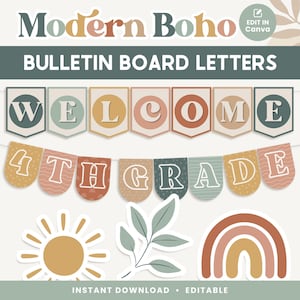 Cartas del tablón de anuncios del aula, editables en Canva, decoración del empavesado del aula moderna boho, plantillas para profesores