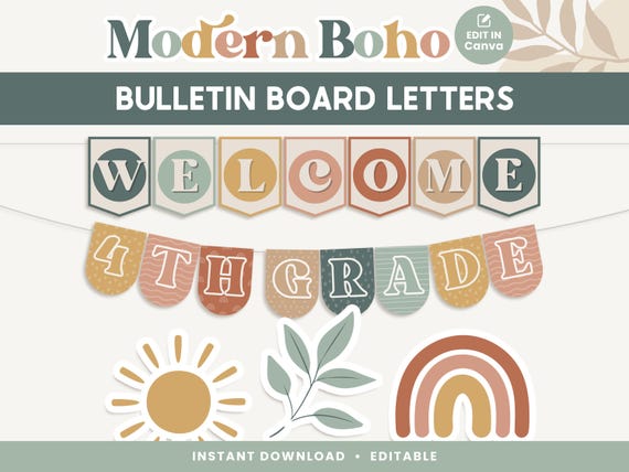 Classroom Bulletin Board Letters, Editable in Canva, Boho Modern Classroom Bunting Decor, Teacher Templates