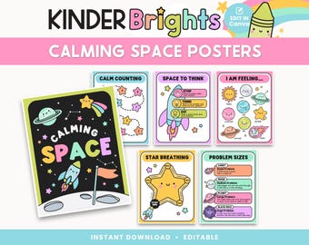 Editable Calming Space Posters for Classroom | Kinder Brights SEL Decor | Calm Corner Toolkit | Classroom Management | Instant Download