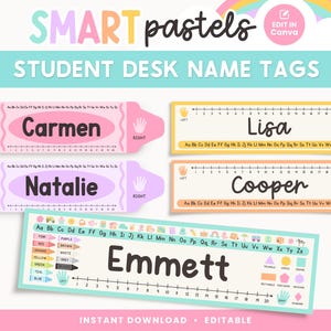May include: Pastel-colored student desk name tags with names like Carmen, Natalie, Lisa, Cooper, and Emmett. The tags feature a ruler, handprints, and shapes. The design includes the text "SMART pastels" and "STUDENT DESK NAME TAGS".