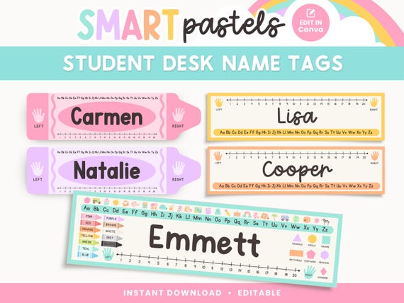 Student Desk Name Labels, Editable Classroom Printables, Student Name Tags, Pastel Cute Canva Classroom - Editable Template
