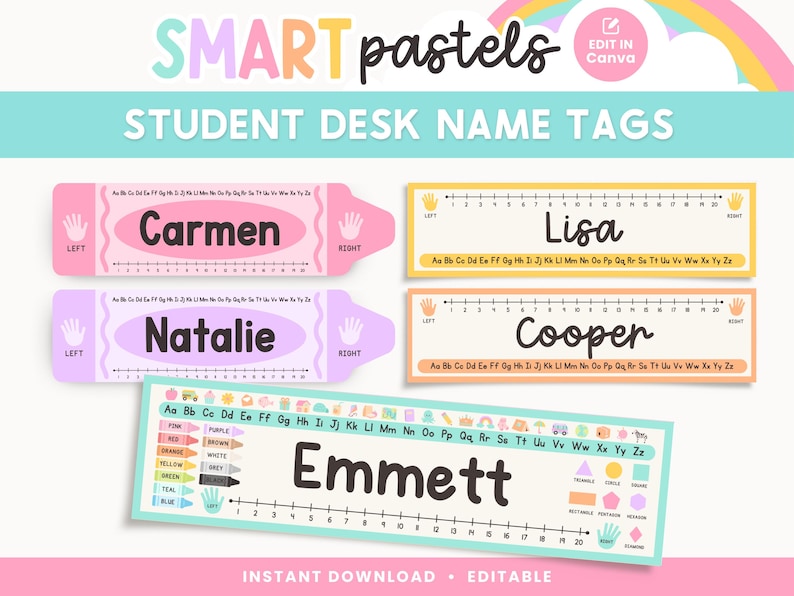 Puede incluir: Etiquetas de nombre de escritorio para estudiantes en colores pastel con nombres como Carmen, Natalie, Lisa, Cooper y Emmett. Las etiquetas presentan una regla, huellas de manos y formas. El dise&ntilde;o incluye el texto "SMART pastels" y "STUDENT DESK NAME TAGS".