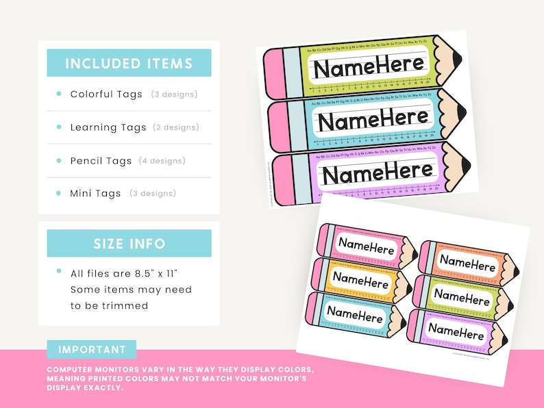 May include: A collection of colorful pencil-shaped name tags with the text "NameHere". The tags are in various colors, including pink, green, blue, yellow, and purple. The image also includes a list of included items and size information.