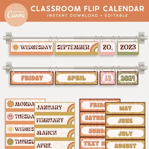 Classroom Flip Calendar Display, Retro Groovy Classroom Decor, Editable Printable Classroom Management, Canva Editable Files