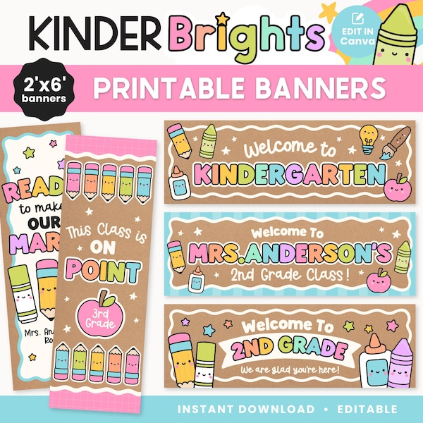Editable 2x6 Printable Classroom Banners | Kinder Brights Kraft Paper Welcome Banners | Back to School Canva Templates