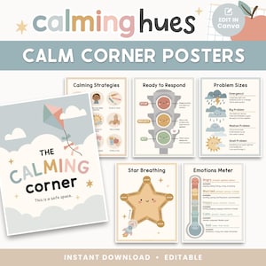 Op de afbeelding: Een verzameling posters voor een rustige hoek in pastelkleuren. De posters bevatten titels als "Kalmerende strategieën", "Klaar om te reageren" en "Probleemgroottes". De hoofdposter toont "The Calming Corner" met de tekst "This is a safe space."