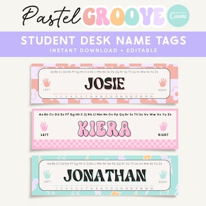 Studenten Schreibtisch Namensetiketten, bearbeitbare Klassenzimmer Ausdrucke, Studenten Namen Tags, Pastell Groovy Canva Klassenzimmer - Canva bearbeitbare Vorlage