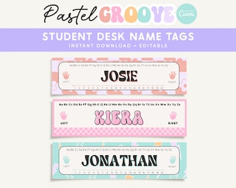 May include: Three printable student desk name tags with a pastel color scheme. The tags feature a ruler, a left and right hand icon, and a name in a retro font. The names are Josie, Kiera, and Jonathan.