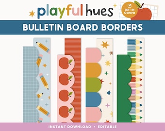 Könnte beinhalten: Eine Sammlung farbenfroher Pinnwand-Bordüren mit verschiedenen Designs. Die Bordüren zeigen Muster von Bleistiften, Äpfeln, Sternen und gewellten Kanten. Der Text "Playful Hues" und "Bulletin Board Borders" sind oben zu sehen. Die Wörter "Instant Download" und "Editable" stehen unten.