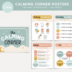 Calming Corner Editable Classroom Printables, Calm Down Skills, Cute Canva Classroom Decor - INSTANT DOWNLOAD PDFs + Editable Template