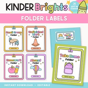 May include: Kinder Brights folder labels featuring colourful, editable designs with cute illustrations like a table, traffic cone, apple, pencil, hot air balloon, and backpack. The text includes Small Group, Unfinished Work, Morning Work, Homework, Absent, and Take Home Folder.