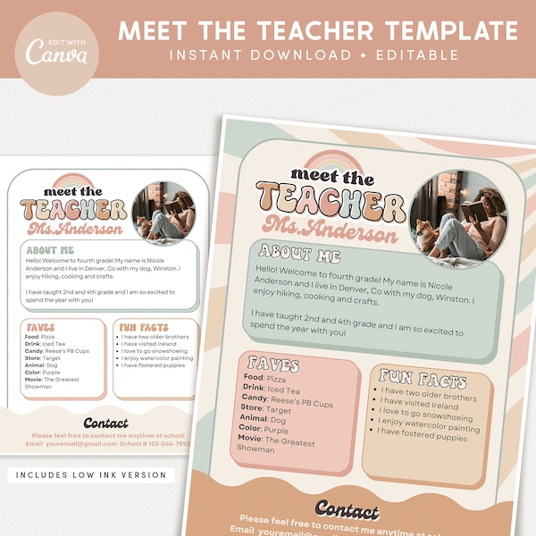 Conozca la plantilla imprimible del aula del maestro, Introducción al maestro, Groovy Retro Classroom Canva, Pastel INSTANT DOWNLOAD Editable Template