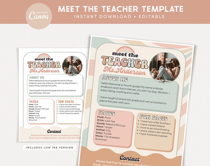 Meet the Teacher Editable Canva Template, Boho Rainbow Classroom Decor ...