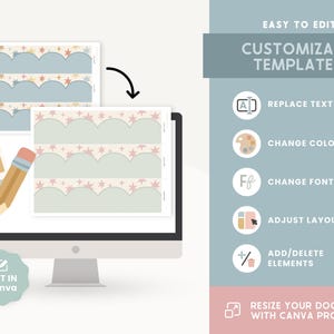 May include: A computer screen displays customizable templates with a light blue and beige color scheme. The templates feature a scalloped edge design with star accents. Text on the screen reads "EASY TO EDIT CUSTOMIZABLE TEMPLATES". Additional icons indicate editing options.
