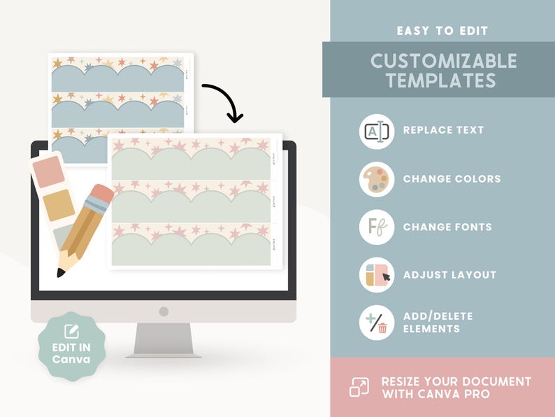 May include: A computer screen displays customizable templates with a light blue and beige color scheme. The templates feature a scalloped edge design with star accents. Text on the screen reads "EASY TO EDIT CUSTOMIZABLE TEMPLATES". Additional icons indicate editing options.