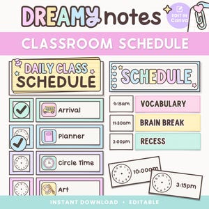 Puede incluir: Una plantilla de horario de clases con el texto "Dreamy Notes" y "Classroom Schedule". El horario incluye secciones para horarios diarios de clases, llegada, planificador, círculo de discusión, arte, vocabulario, descanso mental y recreo. El diseño es de color pastel.
