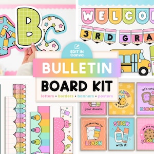 May include: A colorful bulletin board kit with letters, borders, banners, and posters. The kit includes the letters A, B, and C, a welcome banner for 3rd grade, and various illustrated cards with positive messages and school-themed graphics.