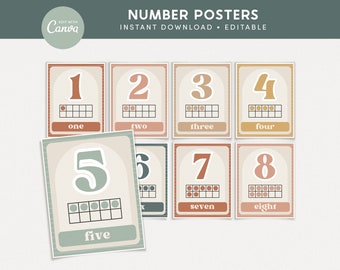 Number Ten Frames Classroom Editable Posters, Modern Boho Counting Templates, Canva Classroom Decor - PDFs + Editable Templates