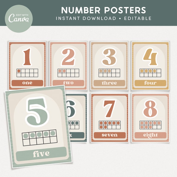 Number Ten Frames Classroom Editable Posters, Modern Boho Counting Templates, Canva Classroom Decor - PDFs + Editable Templates