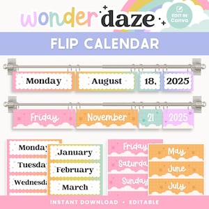 Classroom Flip Calendar Display, Bright Pastel Classroom Decor, Editable Printable Classroom Management, Canva Editable Files