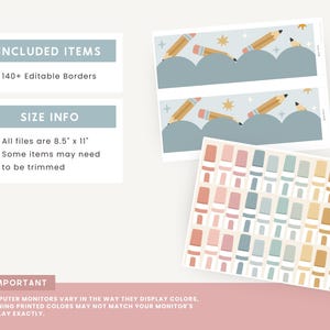 May include: A collection of stationery items featuring a pencil and crayon theme. The image includes two sheets with pencil and cloud designs, and a sheet of colorful crayon illustrations. The text indicates the files are 8.5" x 11" and include 140+ editable borders.