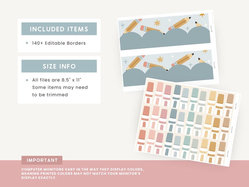 May include: A collection of stationery items featuring a pencil and crayon theme. The image includes two sheets with pencil and cloud designs, and a sheet of colorful crayon illustrations. The text indicates the files are 8.5" x 11" and include 140+ editable borders.