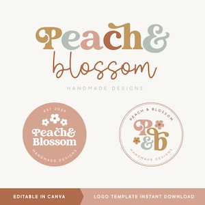 May include: Peach & Blossom logo template with two variations. The first logo features the text "Peach & Blossom" in a retro font with a peach, light blue, and brown color scheme. The second logo is a circle with the text "Peach & Blossom" and three white flowers. The text "Handmade Designs" appears below the logos.