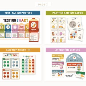 May include: A collection of educational classroom resources labelled Page 7, featuring Test-Taking Posters, Partner Pairing Cards, Emotion Check-In charts, and Attention Getters. The materials include colourful illustrations, text prompts, and icons for student engagement and classroom management.