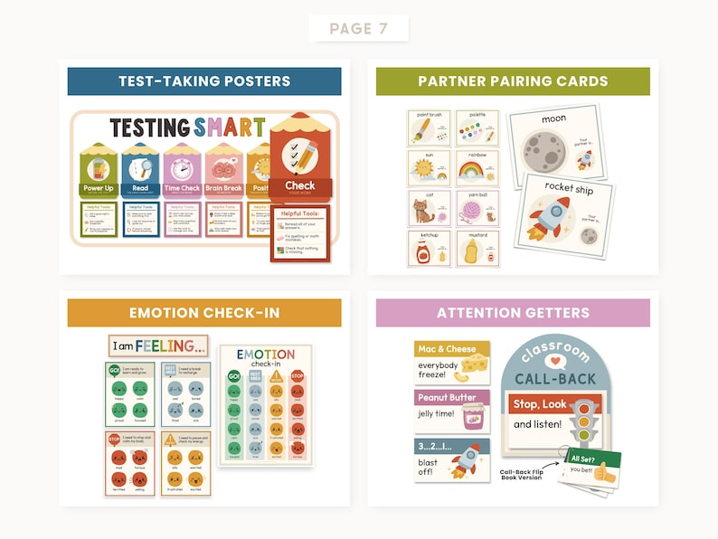May include: A collection of educational classroom resources labelled Page 7, featuring Test-Taking Posters, Partner Pairing Cards, Emotion Check-In charts, and Attention Getters. The materials include colourful illustrations, text prompts, and icons for student engagement and classroom management.