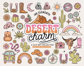 Desert Charm Clip Art Western SVGs, PNGs, EPS, AI Files, Cactus, Cowboy Hat Boots, Groovy, Mountains, Rainbow, Disco, Clipart Illustrations