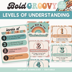 Levels of Understanding Editable Classroom Printable Posters, Groovy Retro Canva Classroom Management Decor - PDFs + Templates