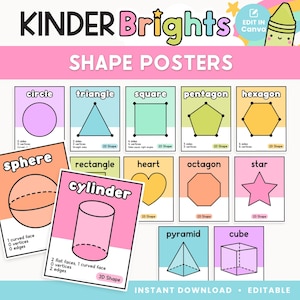 Redigerbara formposters för klassrummet | Kinder Brights former med attribut | 2D- och 3D-formdiagram | Canva-mall