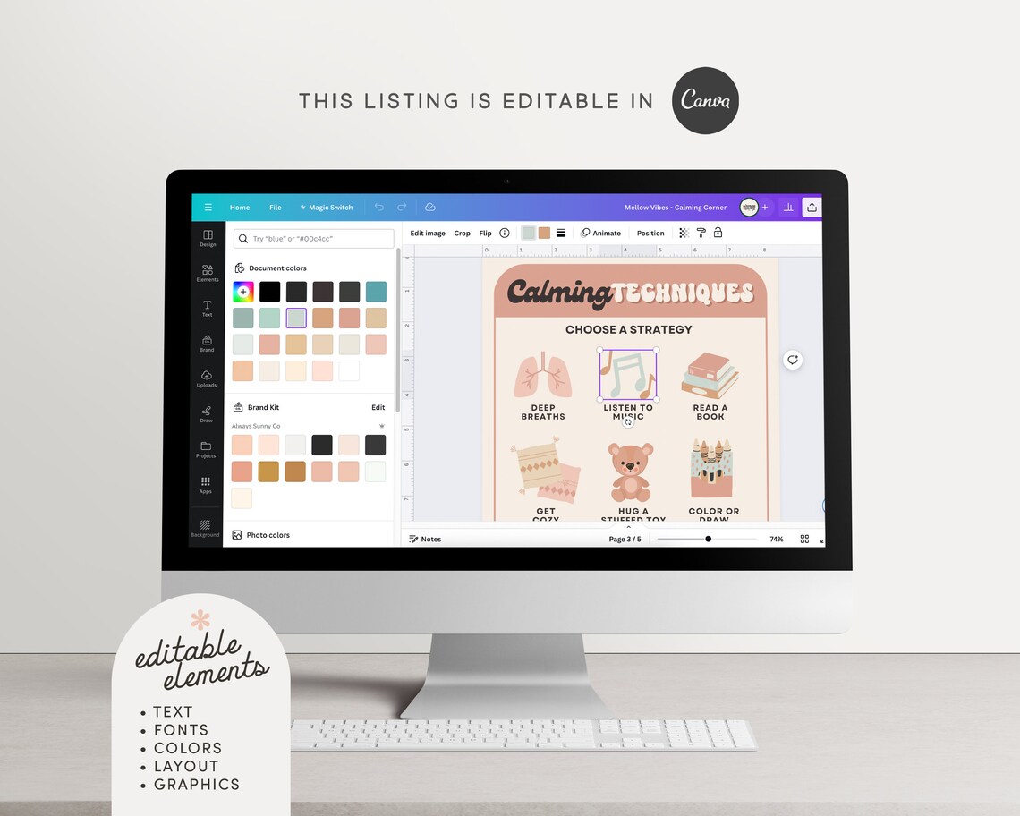 Calming Corner Editable Classroom Printables, Calm Down Skills, Cute ...