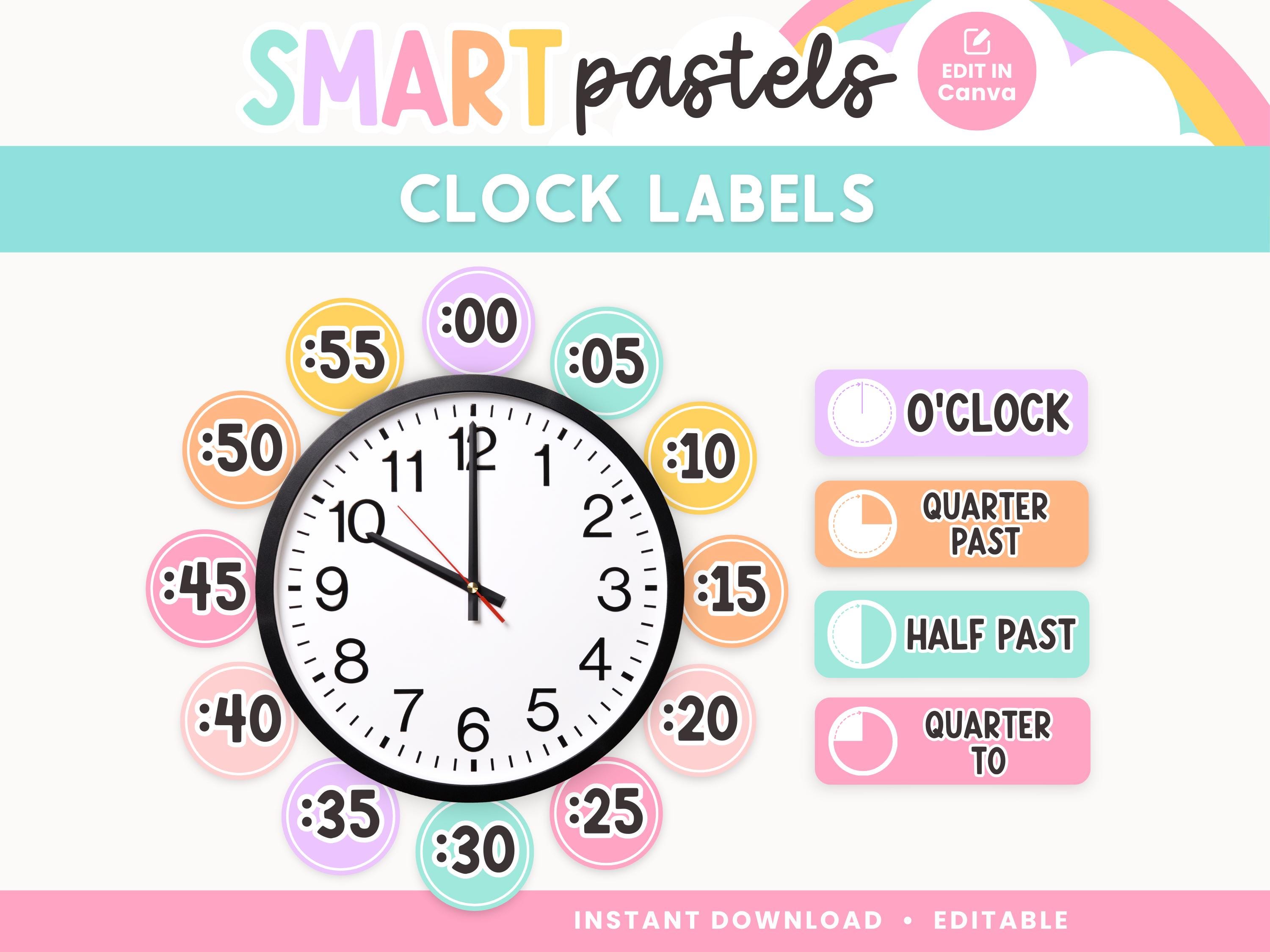Classroom Clock Display Labels Printable Display, Editable in Canva, Bright Pastel Classroom Telling Time Decor, PDFs + Teacher Templates