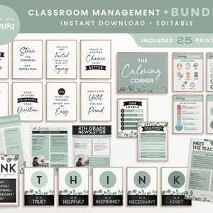 Editable Classroom Management Printable Bundle, Boho Greenery Growth Mindset, Voice Levels, Calming Corner PNGs, PDFs + Canva Editable Files