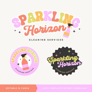 Editable Cleaning Logo Template, DIY Canva Cleaning Service Branding, Round Retro Boho Spray Bottle Logo