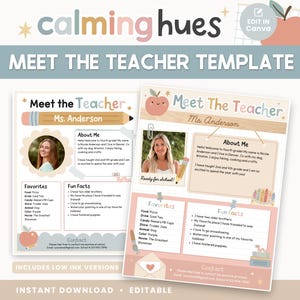 May include: Two printable "Meet the Teacher" templates in a pastel colour scheme. The templates include a photo, "About Me" section, "Favorites," and "Fun Facts." The text "Meet the Teacher Template" is at the top.