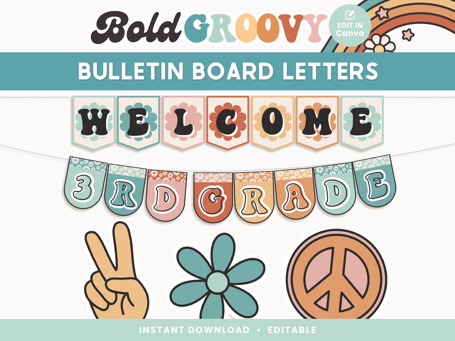 Classroom Bulletin Board Letters, Editable in Canva, Groovy Retro ...