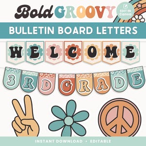 Classroom Bulletin Board Letters, Editable in Canva, Groovy Retro Classroom Bunting Decor, Teacher Templates