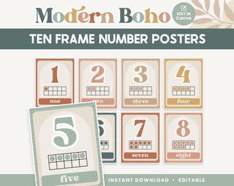 Number Ten Frames Classroom Editable Posters, Modern Boho Counting Templates, Canva Classroom Decor - PDFs + Editable Templates