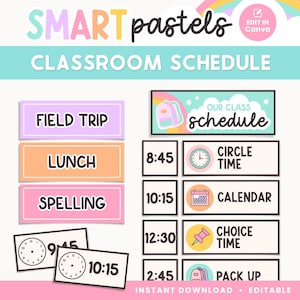 Visueller Stundenplan für das Klassenzimmer, bearbeitbare Canva-Vorlage, helle Pastellfarben für das Klassenzimmermanagement Printables, - PDFs + bearbeitbare Vorlagen