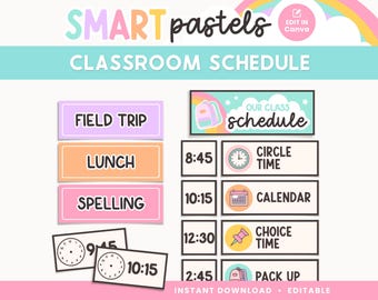 Classroom Visual Schedule, Editable Canva Template, Bright Pastel Classroom Management Printables, - PDFs + Editable Templates