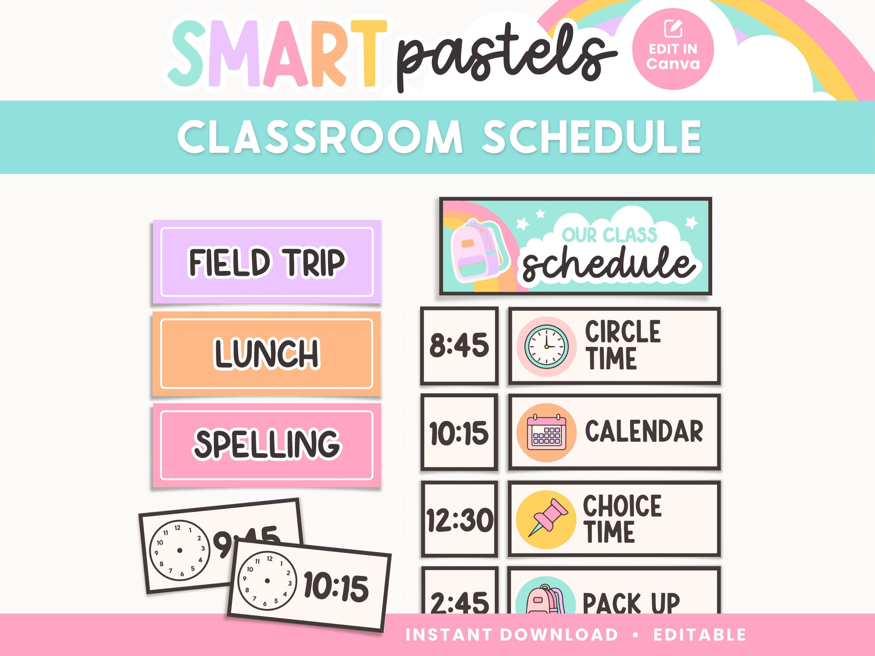 Classroom Visual Schedule, Editable Canva Template, Bright Pastel Classroom Management Printables, - PDFs + Editable Templates