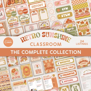 Editable Classroom Retro Sunshine Complete Collection Printable Bundle, Canva Templates Classroom Management, Organization Classroom Display