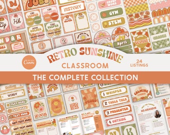 Editable Classroom Retro Sunshine Complete Collection Printable Bundle, Canva Templates Classroom Management, Organization Classroom Display