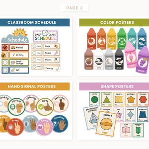 May include: A collection of educational classroom posters including a daily schedule with icons, colour posters featuring labelled crayons, hand signal posters with various gestures, and shape posters displaying geometric figures with their names.
