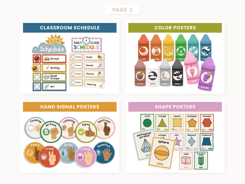 May include: A collection of educational classroom posters including a daily schedule with icons, colour posters featuring labelled crayons, hand signal posters with various gestures, and shape posters displaying geometric figures with their names.
