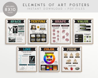 Elements of Art Classroom Printable Posters, Art Classroom (Line, Shape, Color, Texture, Space) INSTANT DOWNLOAD 8x10 - 7 posters total